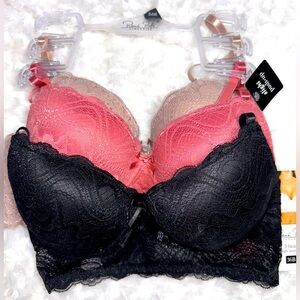 Rene Rofe Womens 3 Set Size 36B Black, Pink, Nude Lace Underwire Bras NWT